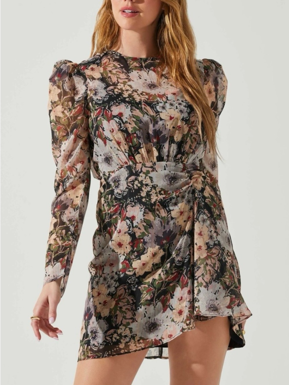 ASTR the Label Floral Sheer Open Back Ruched Wrap-Style Mini Dress Size XS